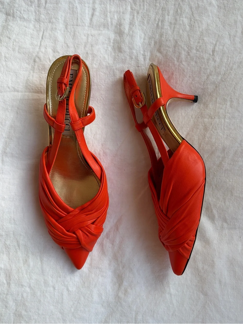 Emilio Pucci Knot Twisted Leather Pointy Toe Slingback Kitten Heels Orange Gold